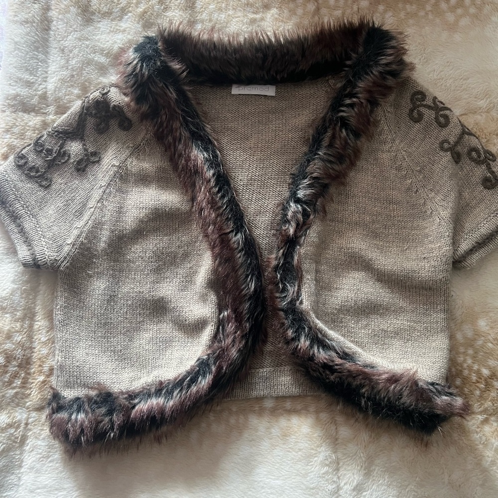 Promod Brown Knit with Faux Fur Trim